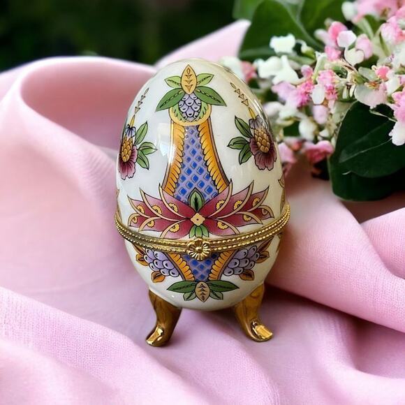 Porcelain Faberge Style Hand Painted Egg Trinket Box Unique Gift Jewelry Holder - Picture 1 of 9